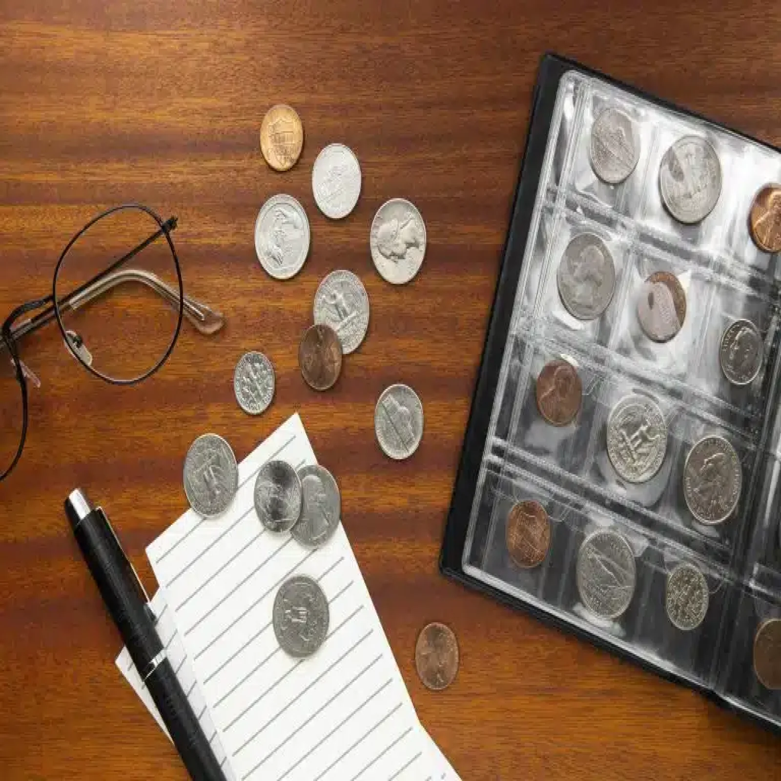 Collection logbook with labeled coin capsules and banknote sleeves